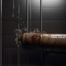 A photorealistic, high-definition representation of a leaking pipe in a modern bathroom, showcasing the water droplets in detail while capturing the urgency of the situation.