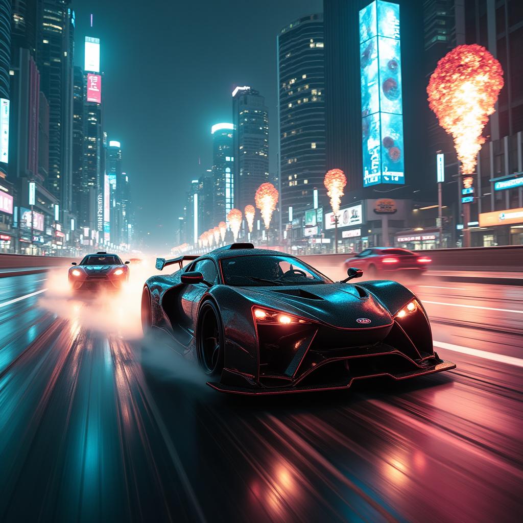 An exciting scene from a futuristic action movie, featuring a dynamic car chase through a neon-lit cityscape at night