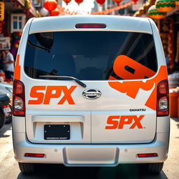 White Daihatsu Grandmax prominently featuring bold and bright orange SPX branding on its sides and rear, creating a striking visual impact