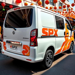 White Daihatsu Grandmax prominently featuring bold and bright orange SPX branding on its sides and rear, creating a striking visual impact