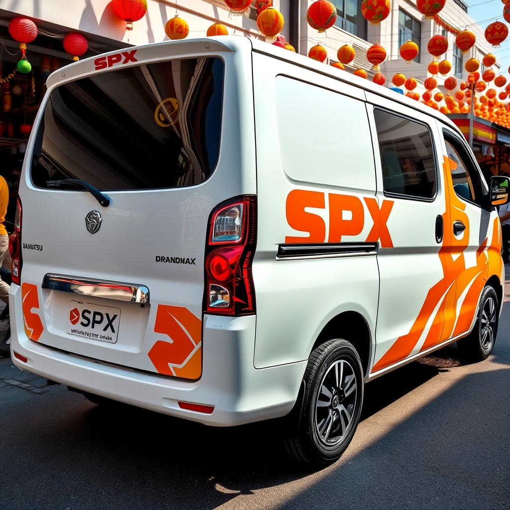 White Daihatsu Grandmax prominently featuring bold and bright orange SPX branding on its sides and rear, creating a striking visual impact
