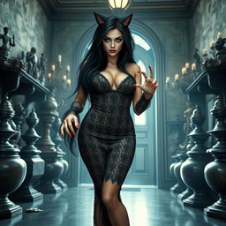 A visually striking image of a beautiful 19-year-old woman with an hourglass figure, showcasing her pale skin and thick black hair flowing elegantly around her shoulders