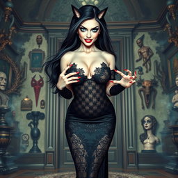 A visually striking image of a beautiful 19-year-old woman with an hourglass figure, showcasing her pale skin and thick black hair flowing elegantly around her shoulders