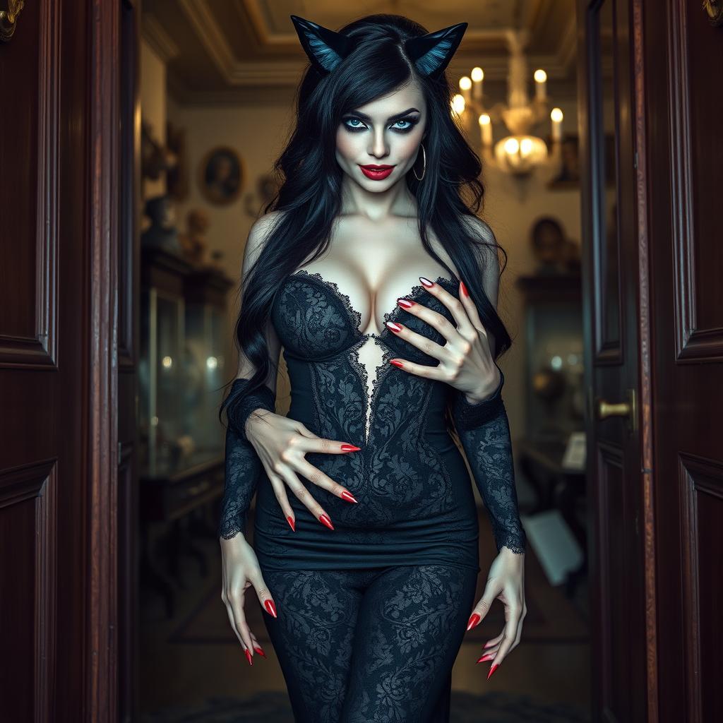 A captivating image of a stunning 19-year-old woman with an hourglass figure, characterized by her pale skin and thick black hair cascading around her shoulders