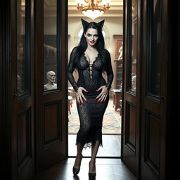 A captivating image of a stunning 19-year-old woman with an hourglass figure, characterized by her pale skin and thick black hair cascading around her shoulders