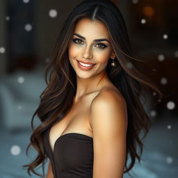 A beautiful brunette woman with long, flowing hair, exuding elegance and charm