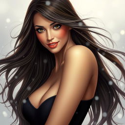 A beautiful brunette woman with long, flowing hair, exuding elegance and charm