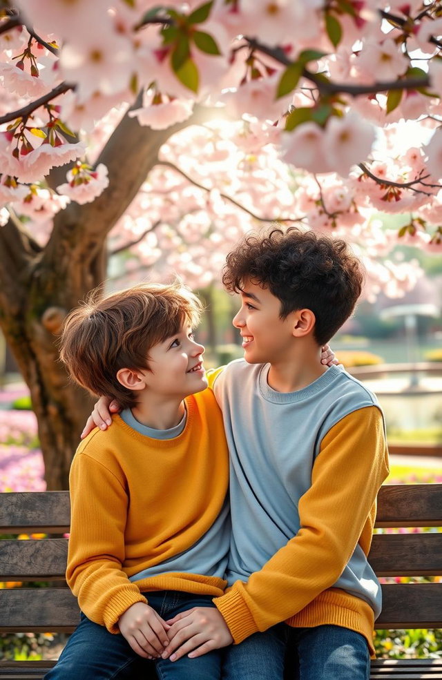 A heartwarming romantic scene depicting a sweet first love between two boys, sitting close together on a park bench under a blooming cherry blossom tree