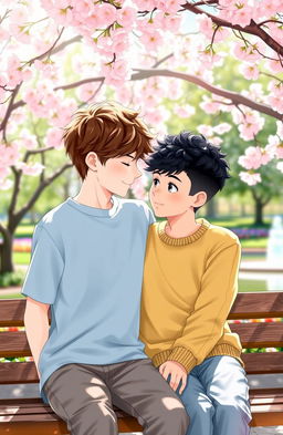 A heartwarming romantic scene depicting a sweet first love between two boys, sitting close together on a park bench under a blooming cherry blossom tree