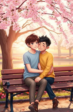 A heartwarming romantic scene depicting a sweet first love between two boys, sitting close together on a park bench under a blooming cherry blossom tree