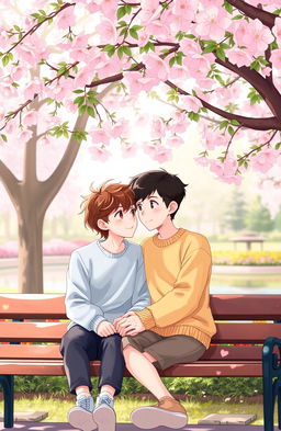A heartwarming romantic scene depicting a sweet first love between two boys, sitting close together on a park bench under a blooming cherry blossom tree