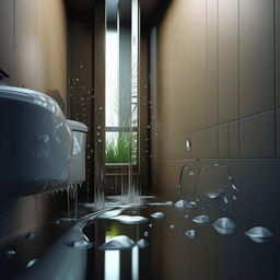 A photorealistic, high-definition representation of a leaking pipe in a modern bathroom, showcasing the water droplets in detail while capturing the urgency of the situation.