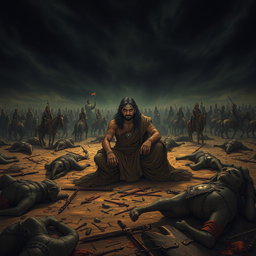 A sorrowful warrior named Ashwadhaam is depicted sitting on a desolate battlefield