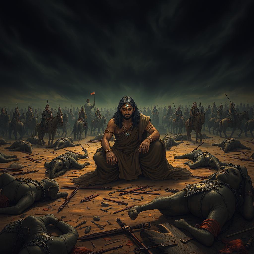 A sorrowful warrior named Ashwadhaam is depicted sitting on a desolate battlefield