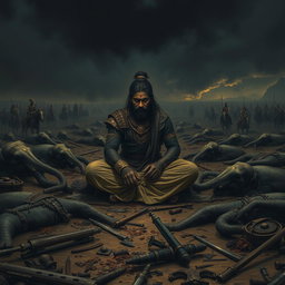 A sorrowful warrior named Ashwadhaam is depicted sitting on a desolate battlefield