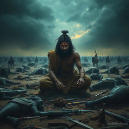 A sorrowful warrior named Ashwadhaam is depicted sitting on a desolate battlefield