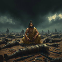 A sorrowful warrior named Ashwadhaam is depicted sitting on a desolate battlefield
