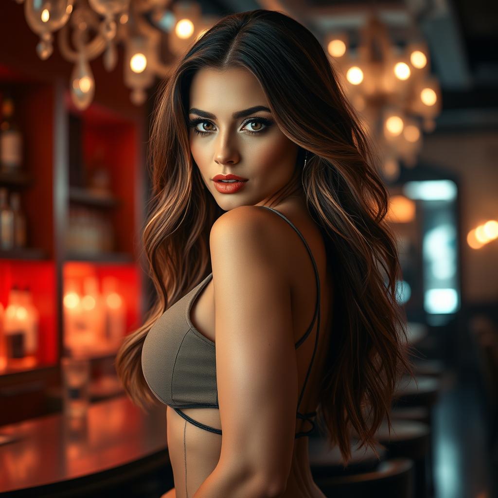 A stunning woman with a sultry look, dressed in a stylish and form-fitting outfit that highlights her curves