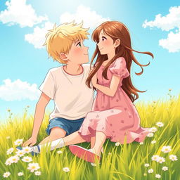 A tender romantic scene illustrating a heartwarming first love story between a boy and a girl