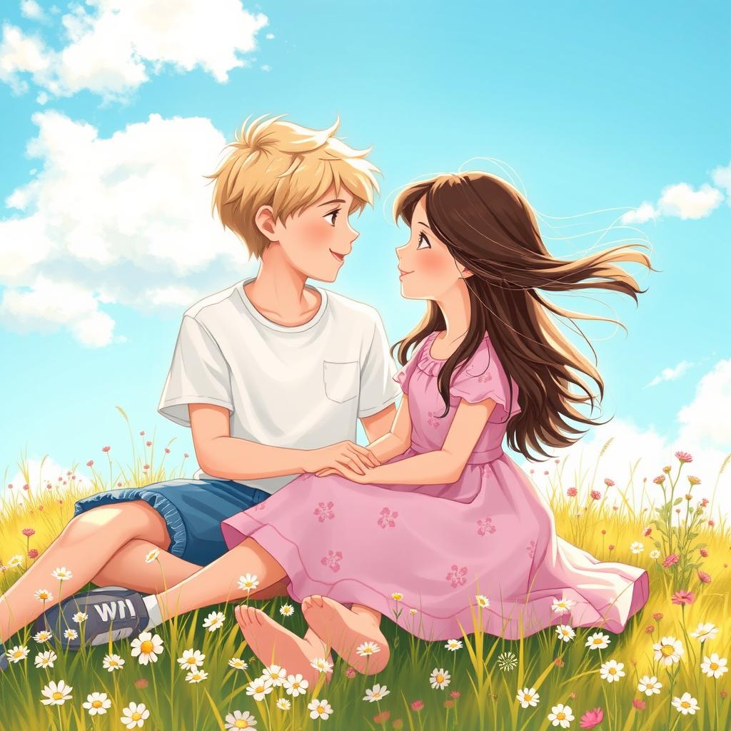 A tender romantic scene illustrating a heartwarming first love story between a boy and a girl