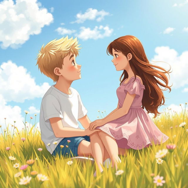A tender romantic scene illustrating a heartwarming first love story between a boy and a girl