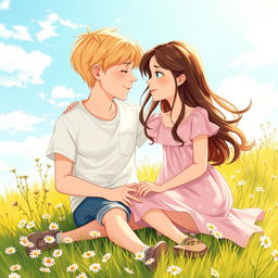 A tender romantic scene illustrating a heartwarming first love story between a boy and a girl