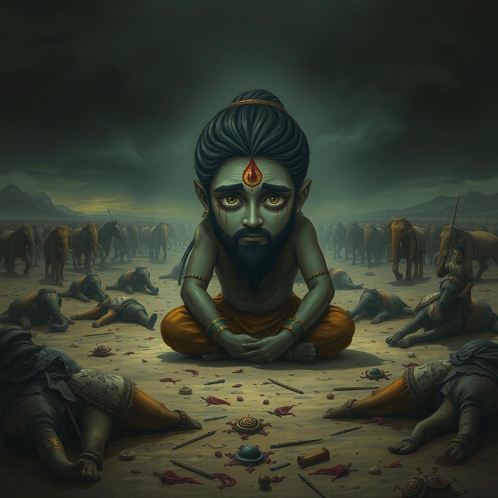 A melancholic scene depicting Ashwadhaam sitting on a desolate battlefield, his face expressing deep sadness, with tears welling in his eyes