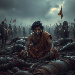 A dramatic scene depicting Ashwadhaam sitting in the middle of a chaotic battlefield