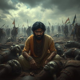A dramatic scene depicting Ashwadhaam sitting in the middle of a chaotic battlefield