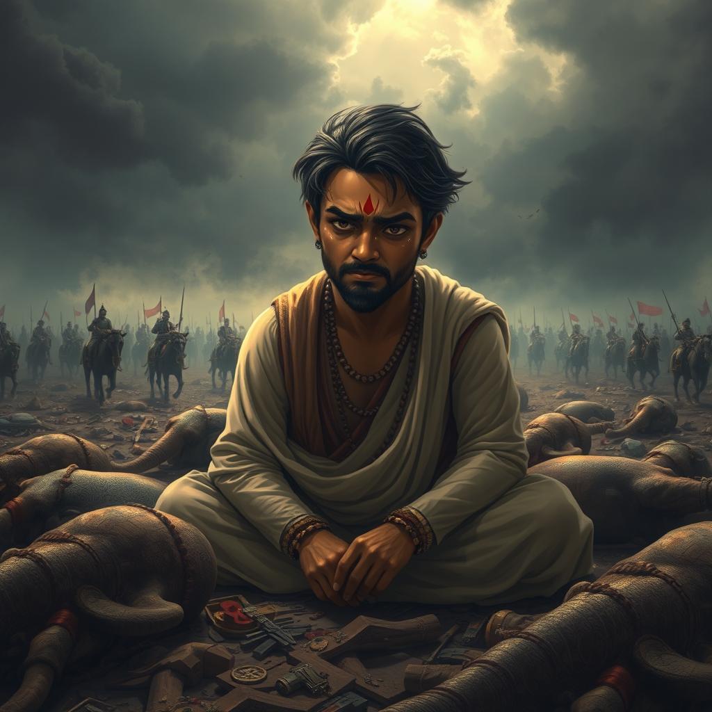 A dramatic scene depicting Ashwadhaam sitting in the middle of a chaotic battlefield