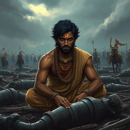 A dramatic scene depicting Ashwadhaam sitting in the middle of a chaotic battlefield