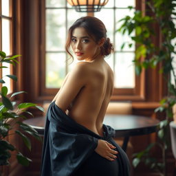 A stunning artistic representation of a beautiful woman posed elegantly in a serene and tasteful environment