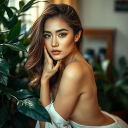 A stunning artistic representation of a beautiful woman posed elegantly in a serene and tasteful environment