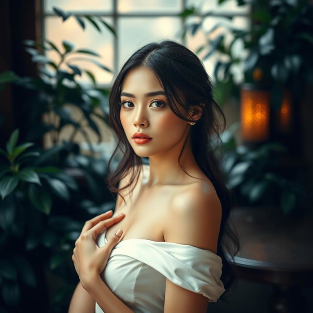 A stunning artistic representation of a beautiful woman posed elegantly in a serene and tasteful environment