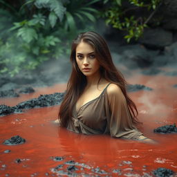A beautiful young woman, half submerged in a steaming reddish-black mud pool