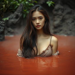 A beautiful young woman, half submerged in a steaming reddish-black mud pool