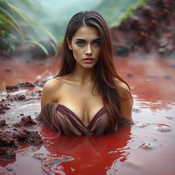 A beautiful young woman, half submerged in a steaming reddish-black mud pool