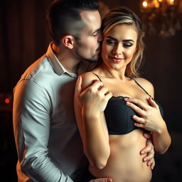 A 37-year-old man with pure white skin is affectionately hugging a beautiful 28-year-old woman with a sturdy and sexy body from behind, conveying a mix of warmth and intimidation