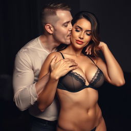 A 37-year-old man with pure white skin is affectionately hugging a beautiful 28-year-old woman with a sturdy and sexy body from behind, conveying a mix of warmth and intimidation