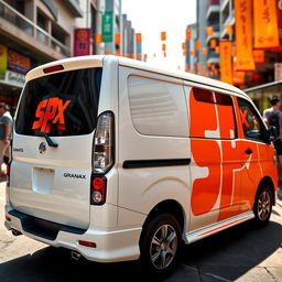 White Daihatsu Grandmax showcasing bold and bright orange SPX branding that stands out vibrantly on its sides and rear