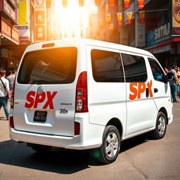 White Daihatsu Grandmax showcasing bold and bright orange SPX branding that stands out vibrantly on its sides and rear