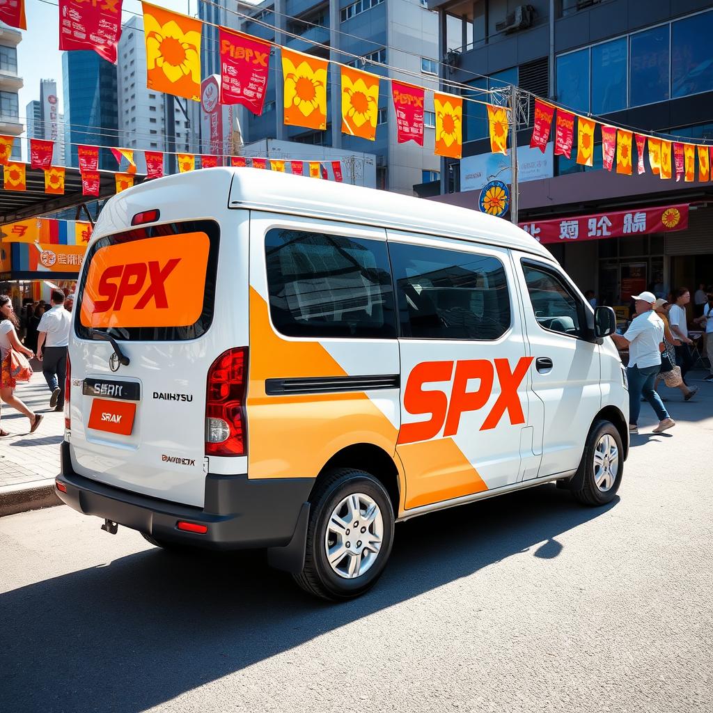 White Daihatsu Grandmax showcasing bold and bright orange SPX branding that stands out vibrantly on its sides and rear