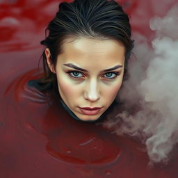 A young and beautiful woman partially submerged in red-black steaming mud, showcasing her graceful features and captivating expression