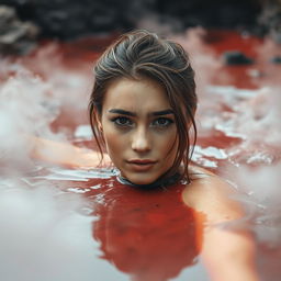 A young and beautiful woman partially submerged in red-black steaming mud, showcasing her graceful features and captivating expression