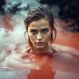 A young and beautiful woman partially submerged in red-black steaming mud, showcasing her graceful features and captivating expression