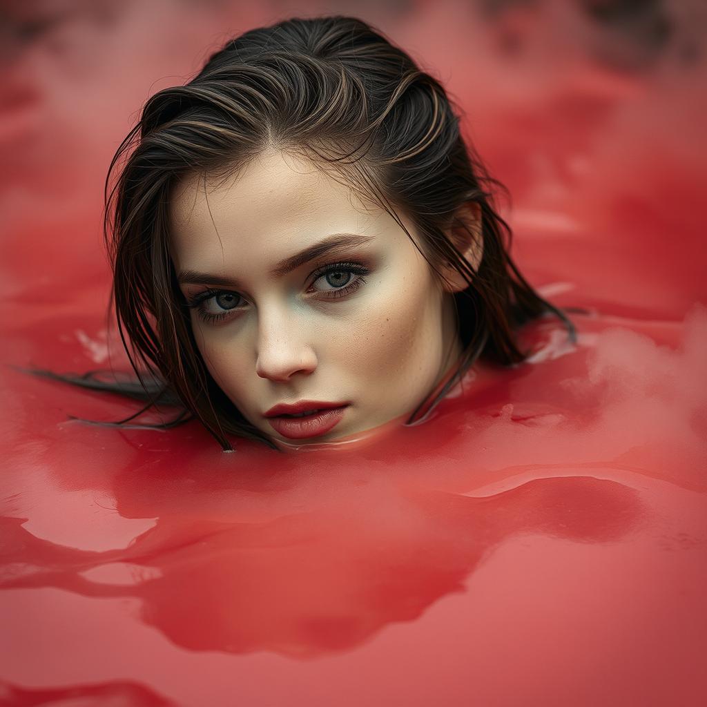 A young and beautiful woman partially submerged in red-black steaming mud, showcasing her graceful features and captivating expression