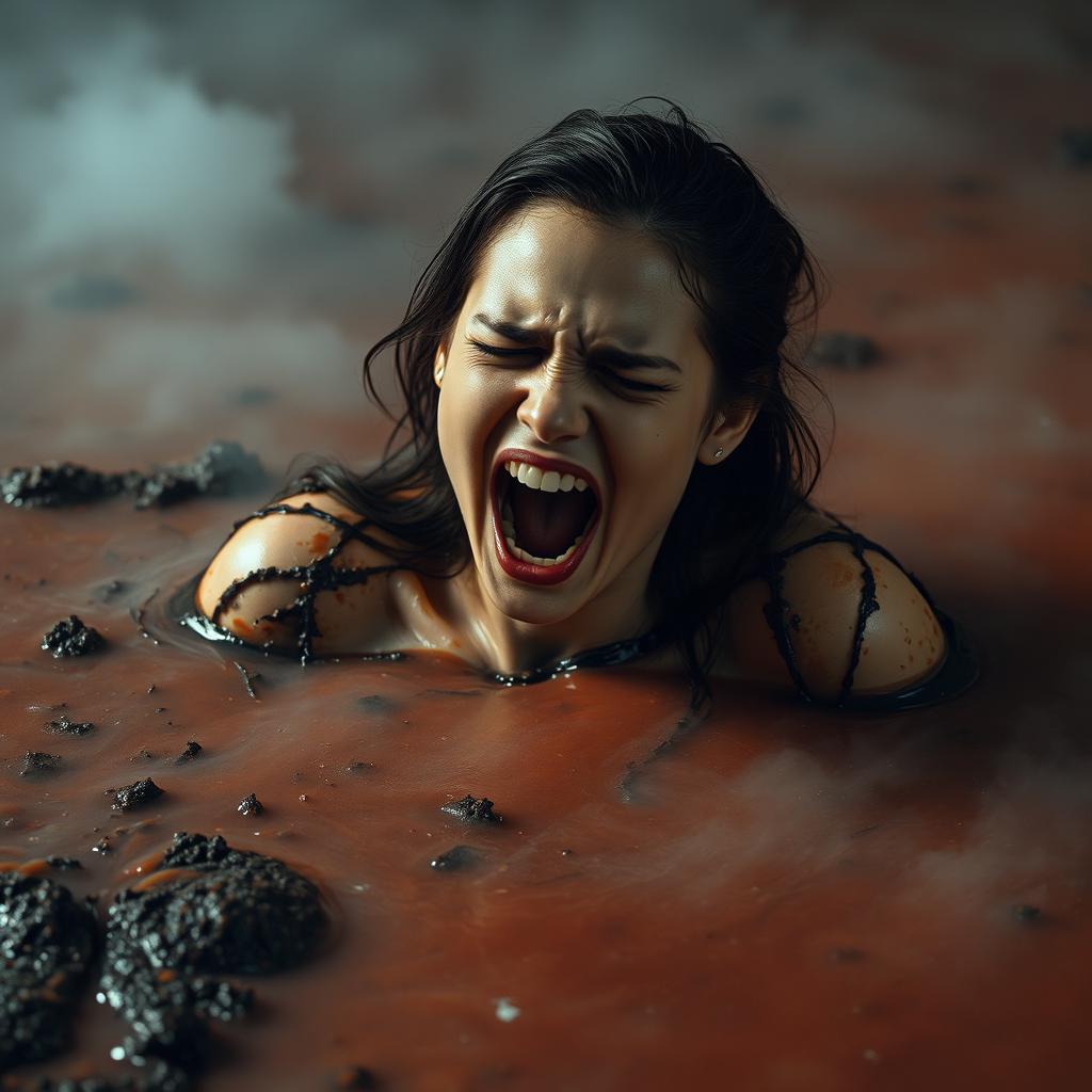 A young and beautiful woman is half-sunken in red-black steaming mud, with an expression of pain on her face as she screams