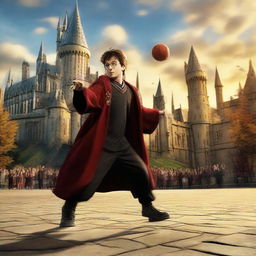 Harry Potter, donned in Gryffindor attire, casting magic spells while skillfully playing basketball against a backdrop of Hogwarts castle.