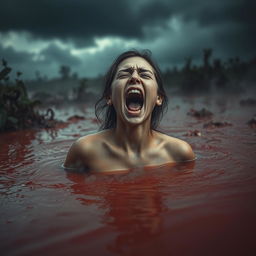 A beautiful young woman partially submerged in dark red muddy swamp that emits smoke