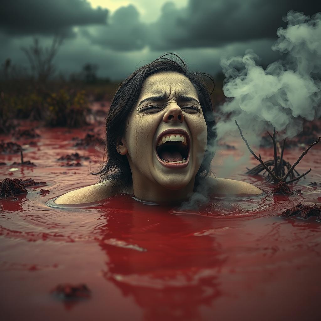 A beautiful young woman partially submerged in dark red muddy swamp that emits smoke